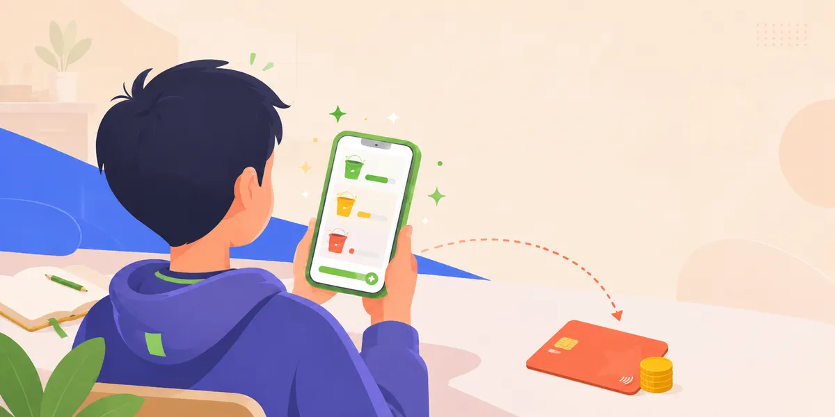 A back-of-head boy in a purple hoodie at a desk holding a phone showing three colored save, spend, and give buckets, with a dotted arrow from the phone to a kids debit card and stack of coins on the table. The virtual-to-real money pipeline.