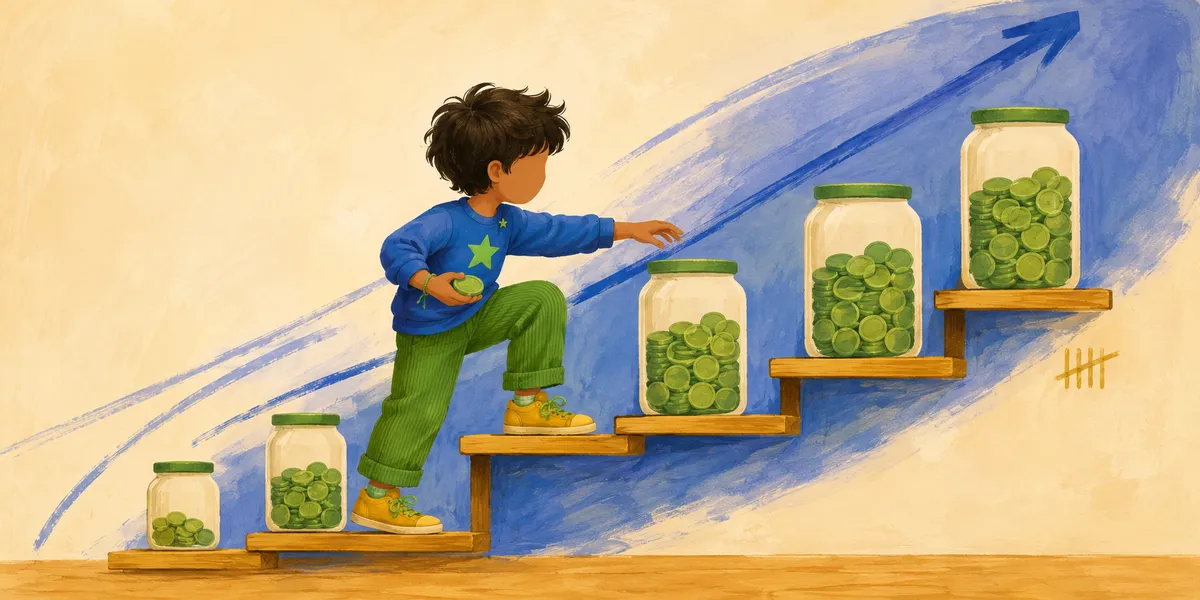 A faceless kid in a cobalt-blue long-sleeve top with a sprout-green star, sprout-green corduroy pants, and mustard-yellow sneakers, climbing a stepped wooden ladder. Five clear glass save jars with sprout-green lids sit on the ascending steps, each one fuller than the last (age 6 nearly empty on the bottom step, age 16 nearly full on the top step). A confident cobalt-blue calligraphic brush sweep arcs upward behind the ladder like a rising trajectory. A small muted-gold five-bar tally sits below the rightmost jar. Painterly children's-book finish on a cream-beige background.