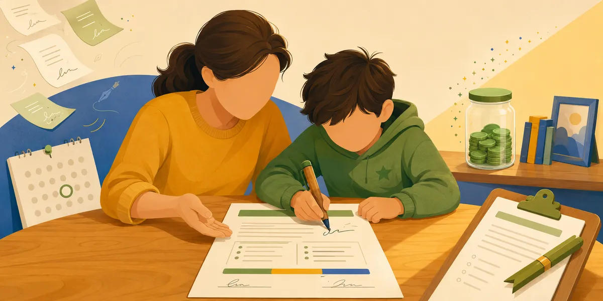 A faceless parent in a mustard-yellow sweater and faceless kid in a green hoodie at a wooden table, signing a printable allowance contract together. The kid grips a green-and-gold pen and is mid-signature; the contract on the table shows two side-by-side checkbox sections and a small green/amber/blue split-bar at the bottom. A clipboard with a second contract waits to the right, a jar of green coins and a small framed photo sit on a shelf in the background, and a wall calendar with one day circled is pinned in the lower left. Drifting contract pages with squiggle signatures float in the upper left.