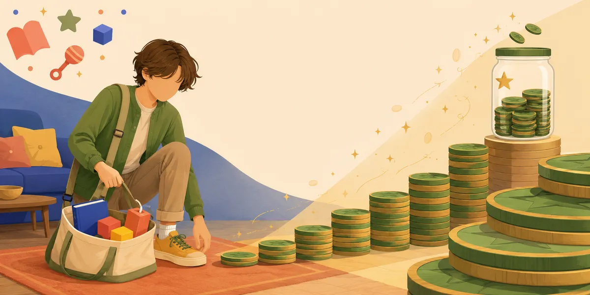 A faceless teen in a green cardigan, tan pants, and yellow sneakers, kneeling on a coral rug next to a canvas babysitting bag holding a blue picture book, a juice box, and red wooden blocks. To the right, a rising staircase of stacked green coins ascends toward a clear glass jar of coins with a gold star on its side, sitting on the highest step. A blue couch with cushions sits in the left background; floating toy icons (book, rattle, star, block) drift in the upper left. The earnings staircase of the first babysitting season.