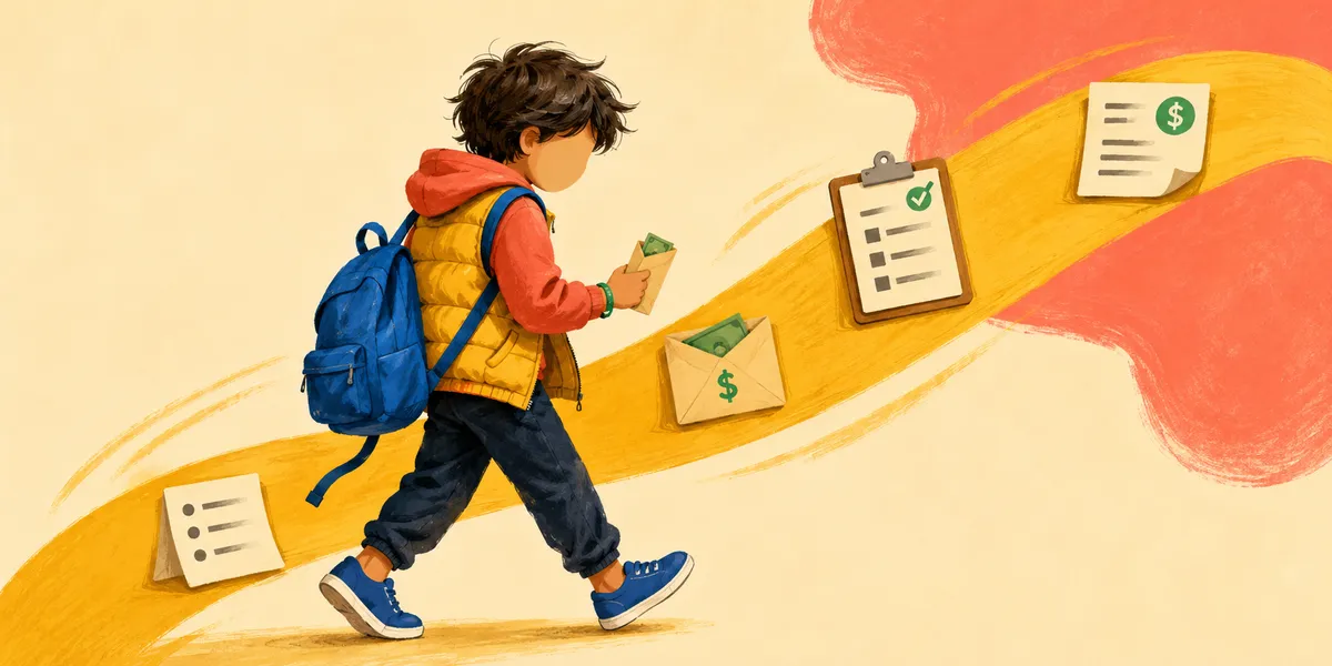 A faceless kid in a mustard-yellow puffer vest over a coral hoodie, with a blue backpack and blue sneakers, walking right along a sweeping yellow ribbon. Cash in their hand, with a clipboard checklist, a dollar-sign envelope, a fundraiser receipt, and a notepad floating along the ribbon as it arcs toward a coral organic backdrop in the upper right. The back-to-school money moments in motion.