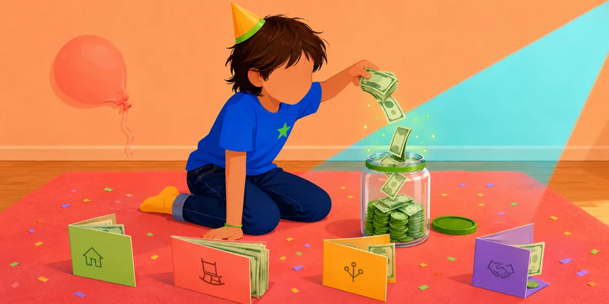 A faceless kid in a blue shirt with a green star and a yellow party hat, kneeling on a red rug, pouring cash into a glass jar already half-full of green coins. Four greeting cards fanned out on the floor show relationship icons (home, grandparent rocking chair, family tree, handshake). A pink balloon floats in the upper left and confetti scatters across the rug.