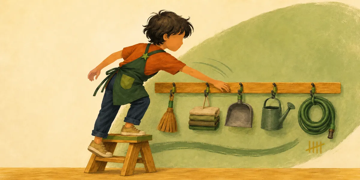 A faceless kid in a rust-orange t-shirt and forest-green workshop apron, standing on a wooden step-stool and stretching right along a horizontal honey-wood tool-rack. The rack holds five hanging tools left to right: a whisk broom (age 6), a folded laundry stack (age 9), a dustpan (age 11), a watering can (age 13), and a coiled garden hose (age 16). A soft sprout-green organic wash arc anchors the right side; a single calligraphic brush sweep flows beneath the rack. A muted-gold five-bar tally sits below the rightmost tool. Painterly children's-book finish on cream-beige background.