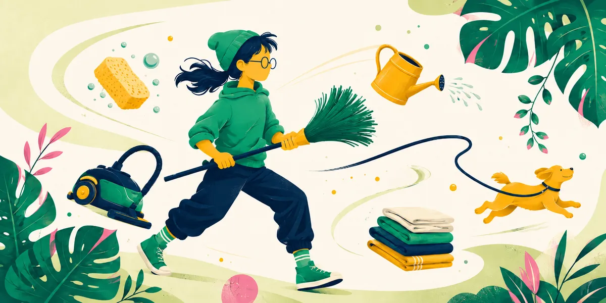 A ten-year-old in a green hoodie and beanie mid-stride with a broom in hand, surrounded by chore props (a corded vacuum, a watering can, a sponge, a dog on a leash, and a stack of folded towels), with large monstera leaves framing the scene.