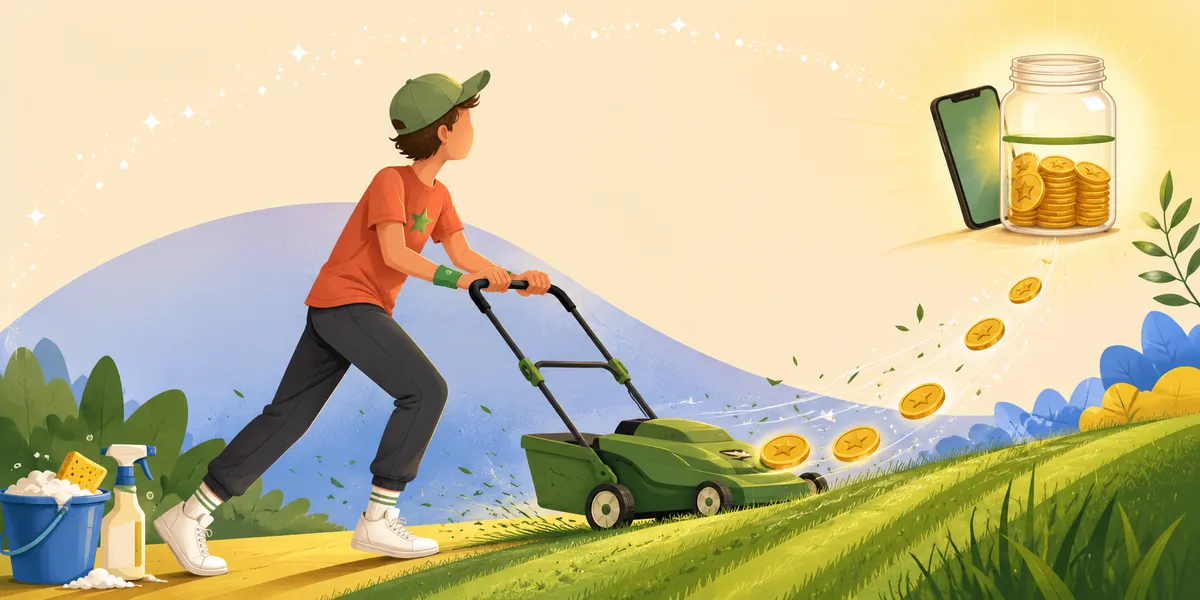 A faceless tween in a coral t-shirt with a green star, dark jeans, white sneakers, and a green baseball cap, pushing a green lawnmower across a sunny lawn. A trail of gold star coins floats up from the cut grass and arcs into a glowing glass jar of coins on the right, with a phone behind it showing the savings ticker. A blue bucket with a sponge and spray bottle sits in the lower left. The chore-for-a-goal moment.