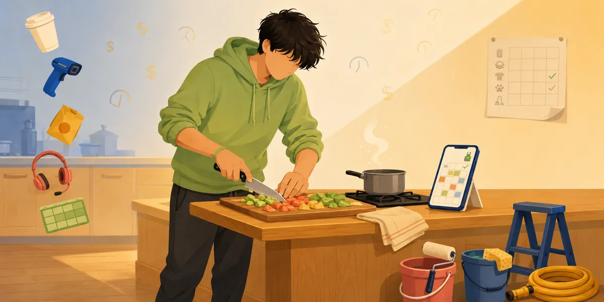 A faceless 16-year-old in a green hoodie at a kitchen counter, chopping vegetables (tomato, avocado, peppers) on a wooden board with a pot on the stove behind. A phone on a stand to the right shows a chore tracker. Floating around them: a coffee cup, a power drill, headphones, a yellow gas can, and a chore grid with checkmarks. A step stool, mop bucket, and sponges sit at the lower right. The real-work transition.