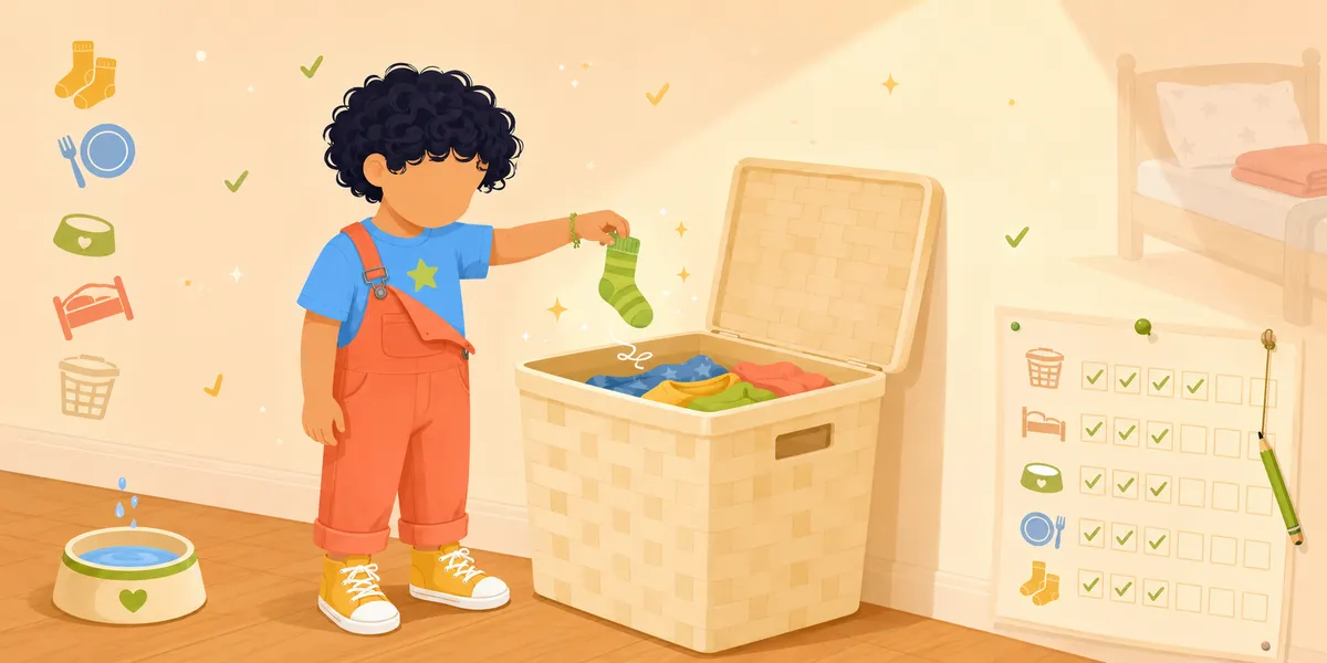 A faceless 6-year-old with curly hair, in coral overalls and a blue tee with a yellow-green star, dropping a green sock into an open wicker hamper full of folded clothes. Icons on the wall to the left show age-appropriate chore items (socks, plate and fork, pet bowl, bed). A streak chart on the right wall shows green checkmarks across categories. A pet water bowl sits on the floor.