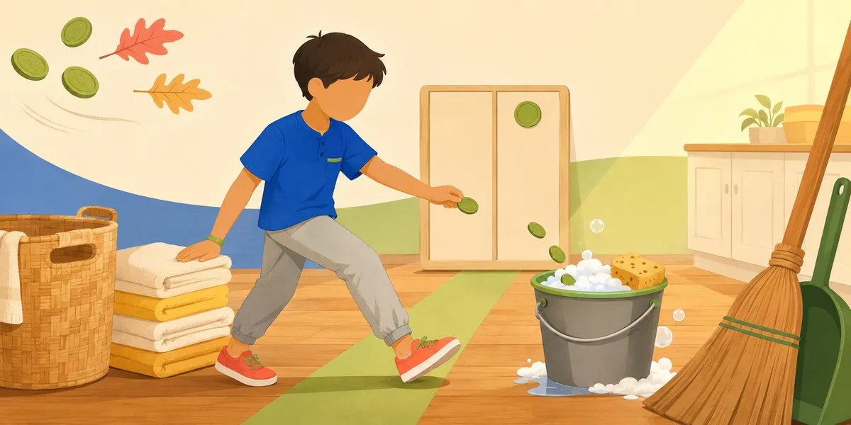 An 8-year-old holding a coin, mid-step from an unpaid chore to a paid one. Chores for 8-year-olds: the first paid chore.