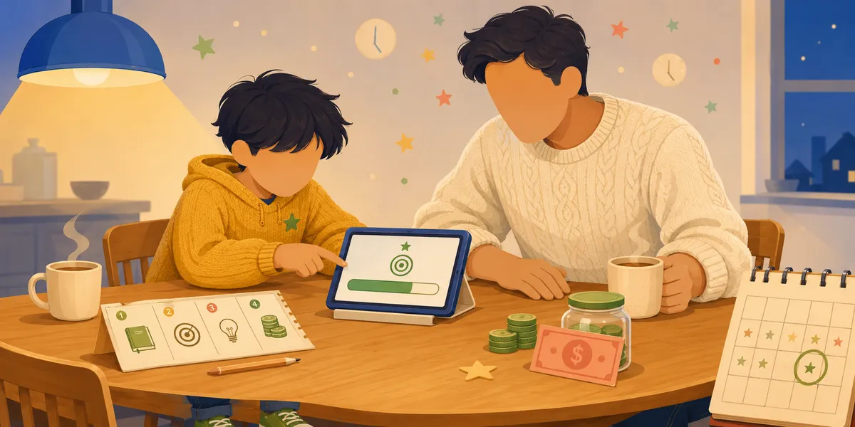 A faceless father in a cream sweater and faceless son in a mustard hoodie with a green star, sitting at a wooden kitchen table at evening. A blue overhead lamp lights the scene; the window behind them shows a night sky with house silhouettes. They lean over a tablet showing a target with a green progress bar. To the left, a four-station agenda on an easel (numbered icons for journal, target, lightbulb, coin stacks), mugs of cocoa, a stack of green coins, a pink dollar bill, and a glass jar of coins. A star-marked wall calendar on the right. The weekly money-night ritual.