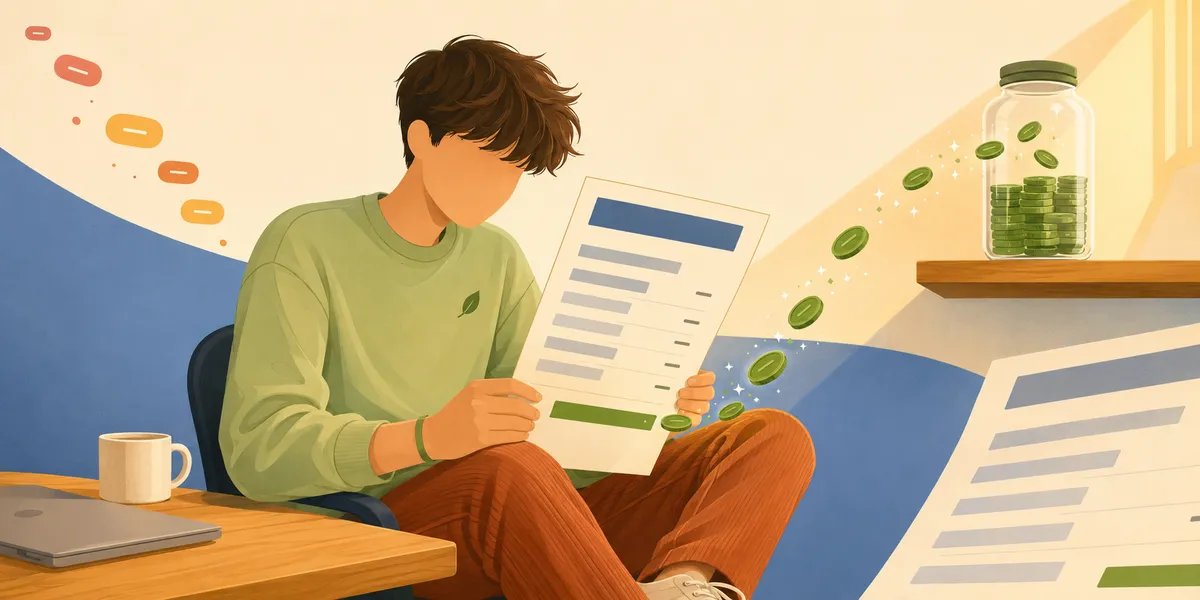 A faceless teen reading an oversized pay stub that steps down to a smaller green take-home figure, showing gross vs net pay.