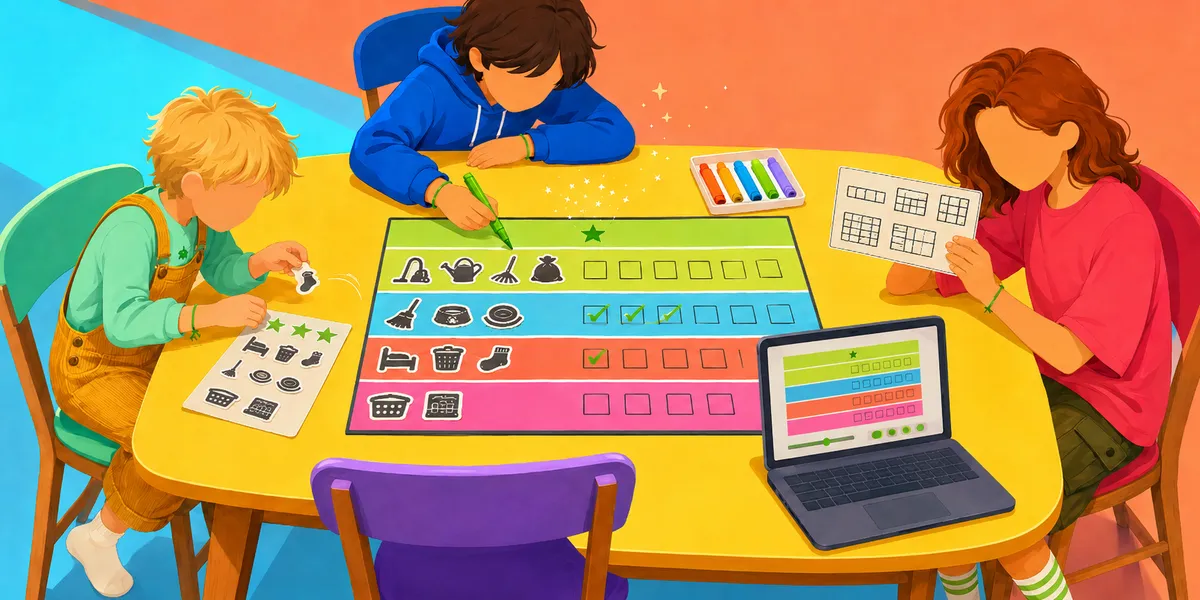 Three faceless kids around a yellow round table working on a colorful printed chore chart together. The youngest in coral overalls holds a sticker sheet of chore icons; the middle kid in a blue hoodie checks off rows of green checkmarks; the oldest in a red shirt holds a printed layout sheet. The chart on the table has four color-coded rainbow rows (green for outdoor, blue for kitchen, orange for bedroom, pink for bathroom) with chore icons and checkbox columns. A laptop on the right shows the matching digital generator, and a tray of markers waits in the back. Bright rainbow palette.