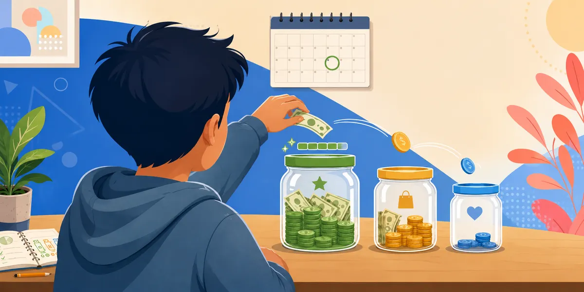 A back-of-head 10-year-old in a blue hoodie at a desk with three jars labeled save (green with a star), spend (amber with a shopping bag), and give (blue with a heart), reaching out with a dollar bill to deposit into the save jar. A coin arcs through the air between the jars, a calendar shows payday circled, and a notebook sits open on the desk.