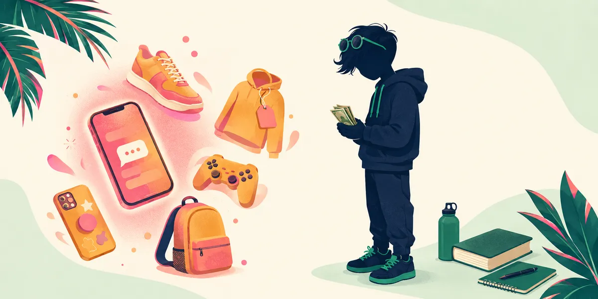 A faceless 11-year-old in dark hoodie and sweats counting cash, with floating tween-aspirational items on the left side: orange sneakers, a hoodie with a price tag, a phone with notification bubbles, a game controller, a phone case, and a backpack. The moment when peer-pressure spending arrives.