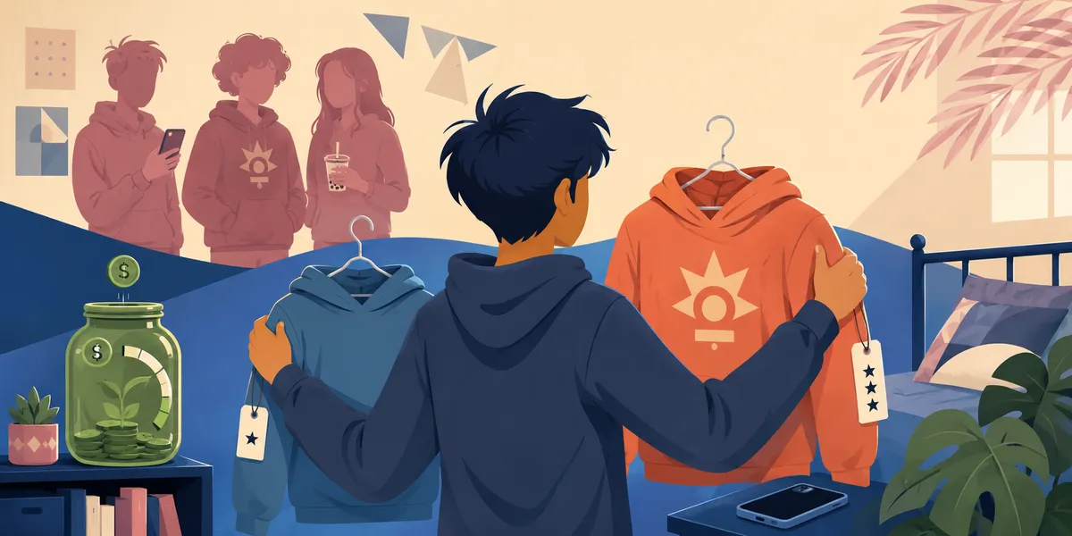A back-of-head 12-year-old in a dark hoodie holding two hoodies on hangers: a cheaper blue-grey one with a single-star price tag, and a more expensive orange one with a three-star price tag. In the background, three faceless friends in matching orange hoodies (one holding a phone, one holding a bubble tea), with a sprout-tinted savings jar on a shelf and a phone on the bedside table. The identity-spending year.