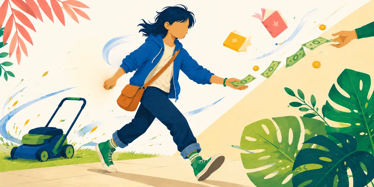 A faceless 13-year-old in a blue hoodie, dark jeans, and green sneakers with a brown crossbody bag, mid-stride with one hand reaching out to take cash from an off-page adult's hand. A green push lawnmower sits behind them on the grass, with a wallet and book floating in the air. Wind streaks suggest forward motion. The chore-to-real-work pivot.
