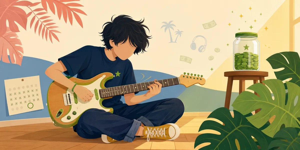 A faceless 14-year-old sitting cross-legged on a wooden floor playing an electric guitar with a green star sticker on the body, with floating cash bills, a headphones icon, and a palm tree icon scattered around. A clear glass jar of green coins with a star sits on a wooden stool to the right, and a wall calendar with X marks for the saving streak hangs on the left. Saving toward a real goal.