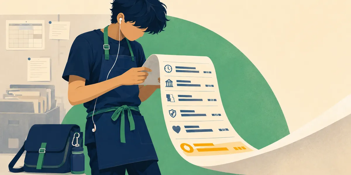 A faceless 15-year-old in a dark blue work apron with earbuds, holding and reading a printed paystub showing line items with clock, bank, percentage, shield, and heart icons. First paycheck literacy.