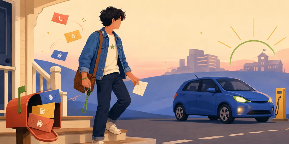 A faceless 16-year-old in a denim jacket and crossbody bag with car keys, standing on the front porch holding a piece of mail, with envelopes (phone, water drop, fuel pump, house icons) tumbling out of a red mailbox beside them. A blue car at a charging station and a city skyline with a school building in the background, sunset palette. The bill-handover moment.