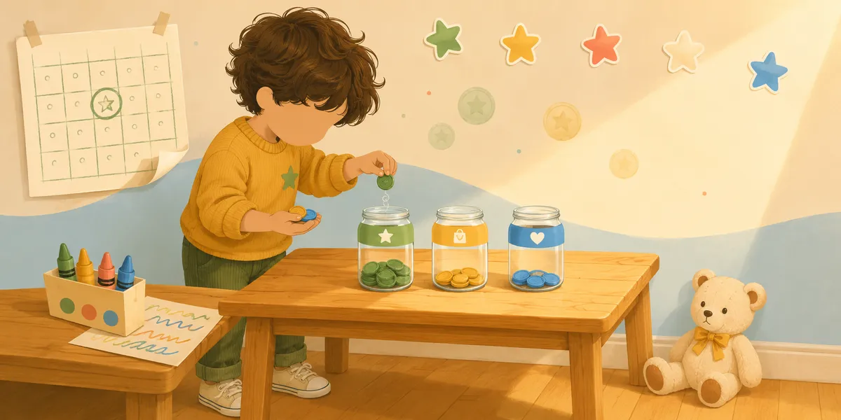 A faceless 6-year-old in a mustard-yellow sweater with a green star, dropping a green coin into the leftmost of three jars labeled save (green star), spend (amber bag), and give (blue heart). A box of crayons and a colorful scribble drawing sit on a low bench, a wall calendar shows the goal day circled, and a colorful star sticker chart hangs above. A teddy bear in the corner.