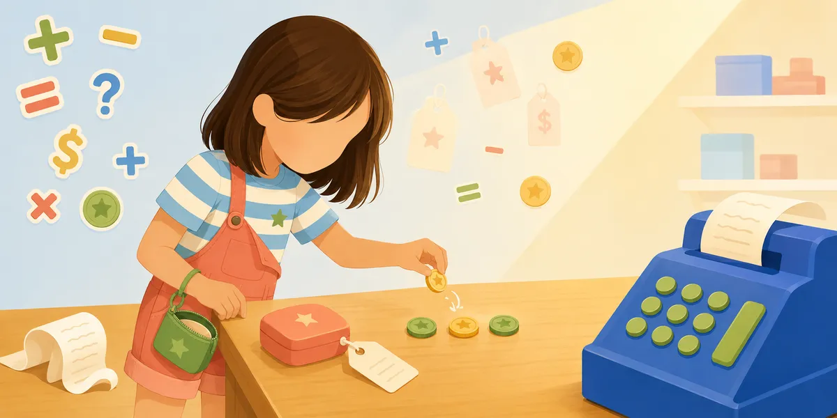 A faceless 7-year-old girl with a bob, in a blue and white striped shirt and coral overalls with a green star and a green crossbody bag, sorting gold coins on a wooden counter next to a price-tagged item. A blue and green push-button cash register sits on the right and floating math symbols (plus, minus, equals, dollar, question mark) and price tags fill the background. The price-tag-reading year.