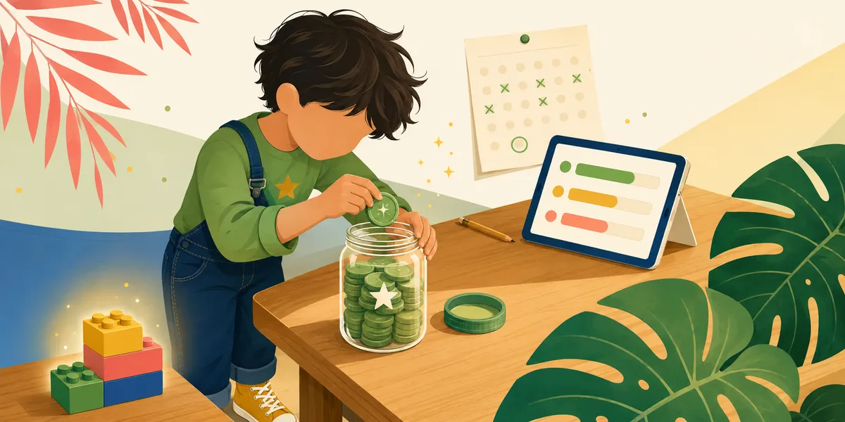 A faceless 8-year-old in a green long-sleeve shirt with a yellow star, dropping a green coin into a clear glass jar already half-full of coins. A tablet on the table shows three colored progress bars, a wall calendar marks the saving streak with green X marks and one circled goal, and a few colorful Lego blocks sit on the floor. The first real savings goal moment.