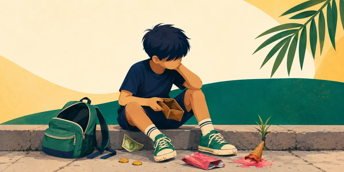 A faceless 9-year-old boy sitting on a curb staring into an empty wallet, with a backpack, a dropped dollar bill, two coins, a half-eaten snack bag, and a melted ice cream cone scattered around him. The regret moment after spending it all.