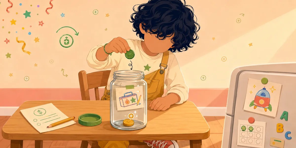 A faceless kid in yellow overalls and a cream sweater at a kitchen table, dropping a green coin with a star into a clear glass jar showing a small treasure-box label inside. Notes with dollar signs and stars sit on the table next to the jar. A small growth arrow and dollar-sign icons float above. The fridge in the background shows a rocket drawing and an ABC magnet board with progress dots.