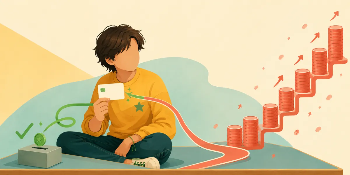 A faceless kid holding a plain card weighing two paths, on explaining credit cards to kids: a short green pay-in-full path and a long red minimum-only path that climbs.
