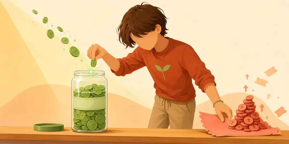 A faceless kid in a rust-red sweater with a small sprout-green leaf icon and tan pants, standing at a wooden counter dropping a glowing green coin into a clear glass jar already half-full of green coins (a green lid sits open on the counter). To the right, a small red checkered cloth holds a growing pile of red coins with red upward arrows above (the bad-debt pile). Cream and peach painterly backdrop. The borrow vs save-first contrast.