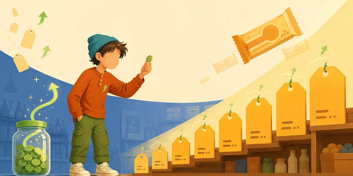 A faceless kid in a coral knitted sweater with a small sprout-green leaf icon, olive cargo pants, and a teal beanie, holding up a small green coin in one hand. To the right, a rising staircase of yellow price tags climbs upward from a store shelf, each with a sprout-green up-arrow. A larger snack-bar wrapper hovers above the tallest tag. On the lower left, a glass jar of green coins with a growth arrow flowing upward out of its lid. Faint store-shelf silhouettes in the background. The shrinking purchasing power moment.