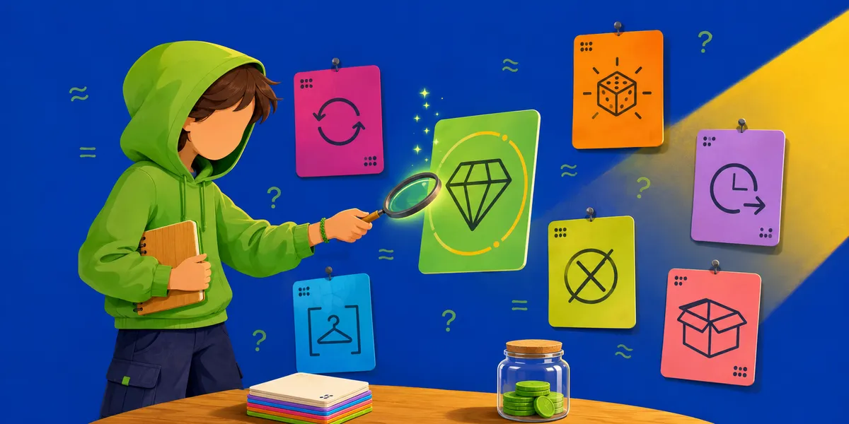 A faceless kid in a green hoodie pointing a magnifying glass at a glowing gem-icon card pinned on a wall of brightly colored cards. The cards show generic microtransaction patterns (refresh arrows, loot crate, X cross, hourglass timer, box opening). A jar of green coins sits on a wooden desk in front. Deep blue background with floating question marks. Generic in-game iconography only, no brand assets.