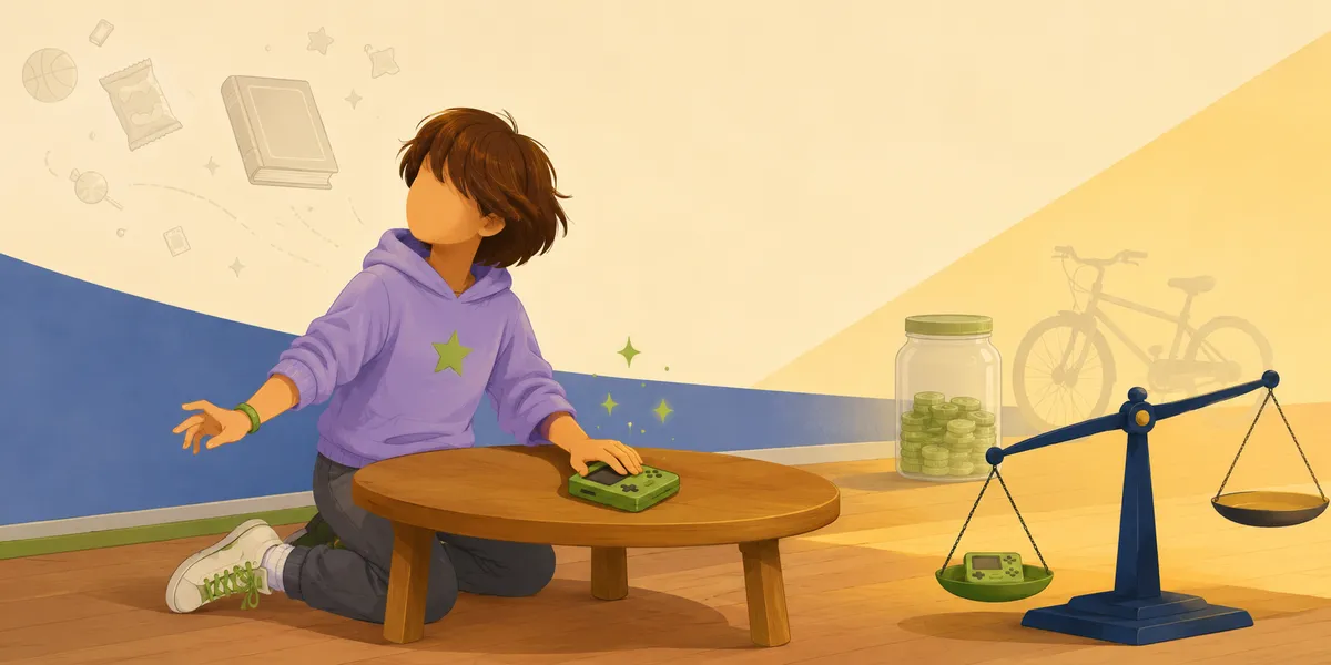 A faceless kid in a purple hoodie with a sprout-green star, dark gray pants, and white sneakers with green laces, kneeling at a small round wooden table with one hand resting on a green handheld game console and the other extended palm-up in a trade-off gesture. On the right, a navy balance scale: the same green handheld game on the left pan, the right pan empty. A jar of green coins sits behind the scale, with a faint bicycle silhouette on the wall beyond. Floating wished-for items (basketball, snack, book) drift in the upper left.