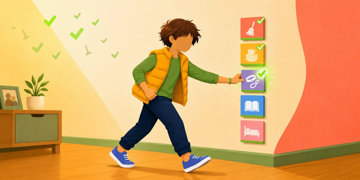 A faceless preteen in a mustard-yellow puffer vest mid-stride down a coral-walled hallway, hand reaching toward a wall-mounted chore tile glowing with a sprout-green check halo. Vertical rainbow tiles line the hallway with completed checkmarks on the left and blank ones on the right. No parent in frame. The structural fix that gets kids to do chores without nagging.