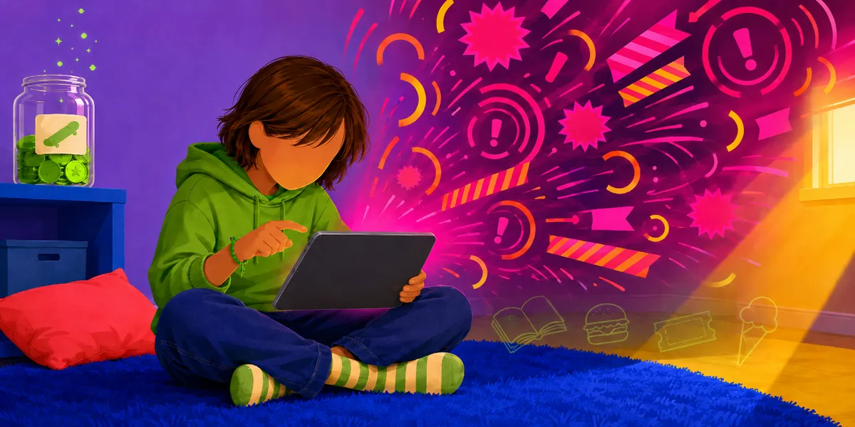 A faceless kid in a green hoodie sitting cross-legged on a blue rug, holding a black tablet that's bursting with a bright pink, orange, and yellow explosion of FOMO-style graphics (alert badges, ribbon banners, exclamation marks, urgency icons). A jar of green coins with a skateboard sticker sits on a side table. Faint outlined icons of a book, burger, ticket, and ice-cream cone glow on the floor to show what the money could otherwise buy. Generic in-game prompts only, no brand assets.