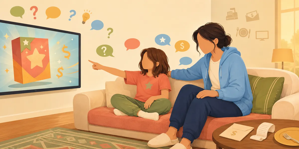 A faceless mom in a blue hoodie and a faceless kid in a coral shirt with a green star, sitting on a beige couch in the living room. The kid points at a TV screen showing a star-emblazoned cereal-box ad with sparkles and dollar-sign streaks. Floating speech bubbles between them carry question marks, dollar signs, and a lightbulb. Household-spending icons (TV, restaurant, mail, cash register) line the wall, and a coffee table in front holds a napkin holder, a printed receipt, and a dollar bill on a plate. The candy-aisle conversation moment.