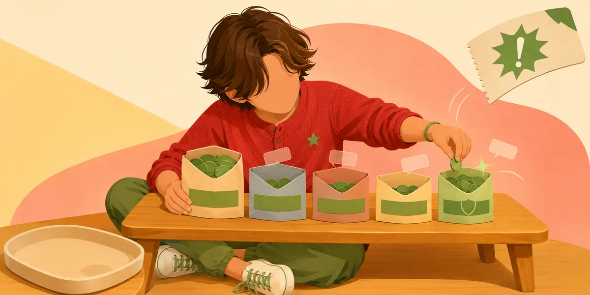 A faceless kid in a rust-red henley sweater and green pants, kneeling at a low wooden bench dropping a final green coin into the rightmost of five labeled paper envelopes (tan, dusty blue, dusty rose, mustard, and a brighter green for the focus envelope). An empty tan tray sits in the lower left to show the Unassigned pile is now empty. A white price-tag with a green exclamation arcs in from the upper right to suggest a surprise expense. Soft cream-and-coral painterly backdrop.