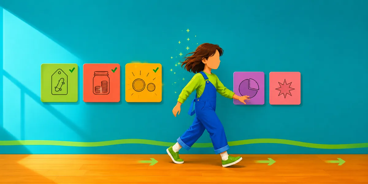 A faceless kid in a green sweatshirt and blue overalls with green sneakers, mid-stride along a wooden floor with green directional arrows beneath. Five colored panels float against a teal wall showing the five saving moves in order: green (name the goal, with a tag and skateboard icon), red (make it visible, with a coin jar), yellow (match the first dollar, with a sun and coins), purple (set a default rate, with a pie chart), and pink (celebrate the milestone, with a sparkle star). The first three panels are checked off; the kid is walking toward the last two. The five-step playbook in motion.