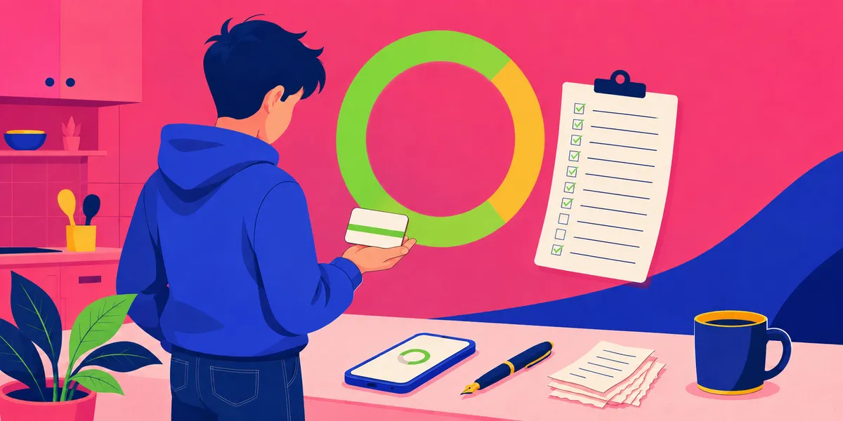 A back-of-head teen in a blue hoodie in a kitchen holding a debit card next to a green and yellow donut chart showing readiness score, with a clipboard of checkmarks, a phone showing the same chart, papers, a pen, and a coffee mug.