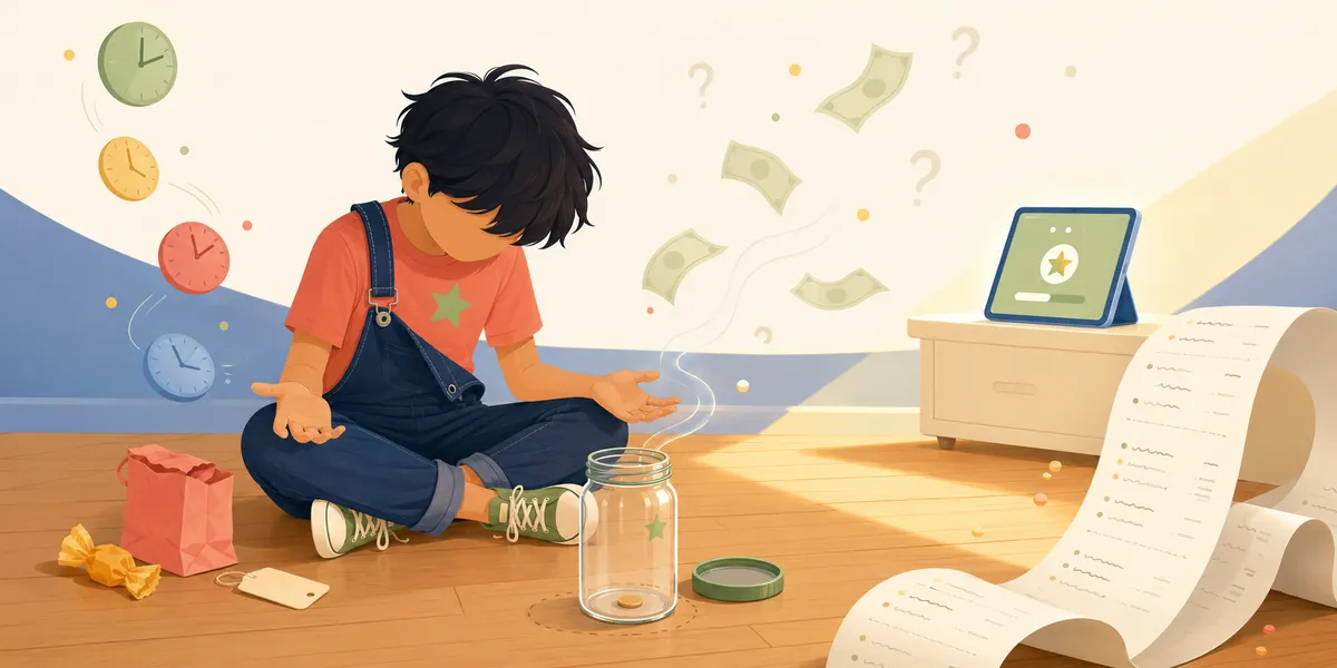 A faceless 9-year-old in a coral t-shirt with a green star and dark overalls, sitting cross-legged with palms up in the I-have-nothing-left gesture. An almost-empty glass jar with a single coin sits in front of them, with floating cash bills and question marks above. Color-coded clocks (showing different impulse-spend moments), a crumpled receipt and shopping bag on the left, and a long printed receipt scrolling on the right. A tablet on the nightstand shows a balance.