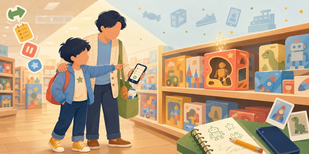 A faceless adult in a cream cardigan and faceless kid in a blue jacket and green-star tee, standing in a toy-store aisle. The adult holds a phone showing a wishlist app while gently guiding the kid. Toy boxes line the shelves behind them with one robot toy glowing in its window cutout. Floating control bubbles to the left show pause, back, and star icons. A journal with kid drawings of a robot and dinosaur, plus a phone, sit on the lower right. The pause-the-cart moment.