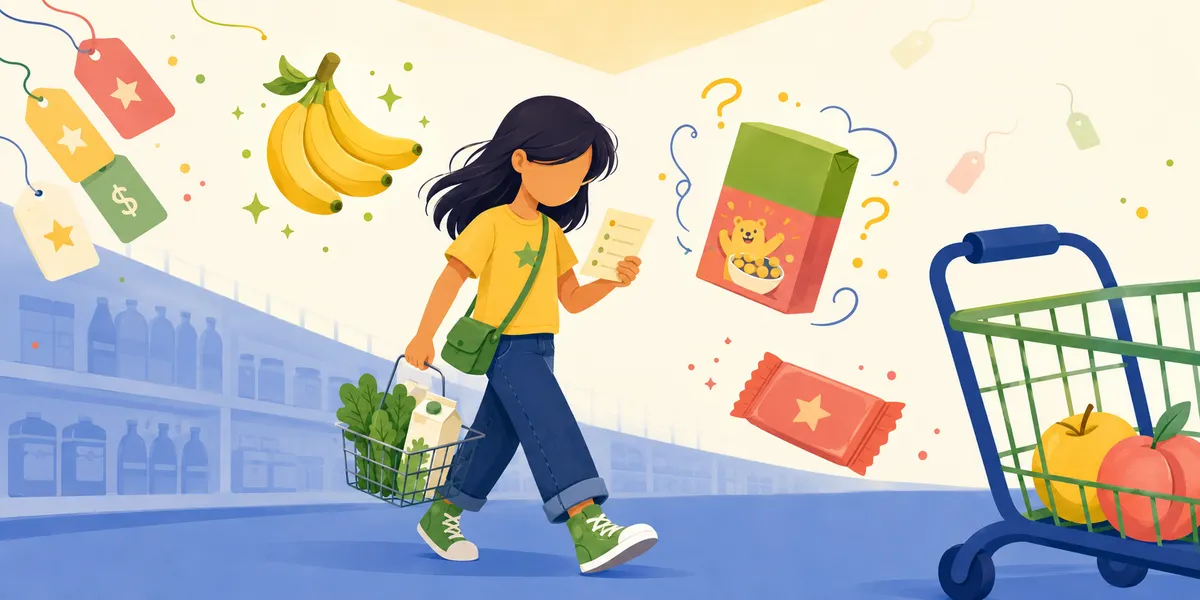A faceless girl with long dark hair in a yellow t-shirt with a green star and dark jeans, walking through a grocery store carrying a hand-basket with milk and lettuce while reading a paper checklist. Floating items around her: bananas, a candy box, a juice box. Price tags hanging in the background, and a grocery cart with apples on the right. The sort-the-cart activity moment.