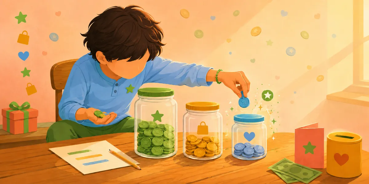 A faceless kid in a blue long-sleeve shirt with a green star, sitting at a wooden table dropping a blue coin (with heart) into the rightmost of three labeled jars: a green Save jar with star (full of green coins), an amber Spend jar with bag (full of gold coins), and a blue Give jar with heart. A notebook on the table shows a save/spend/give allocation chart in matching colors. A small gift box, a coin tin, and a greeting card sit nearby.
