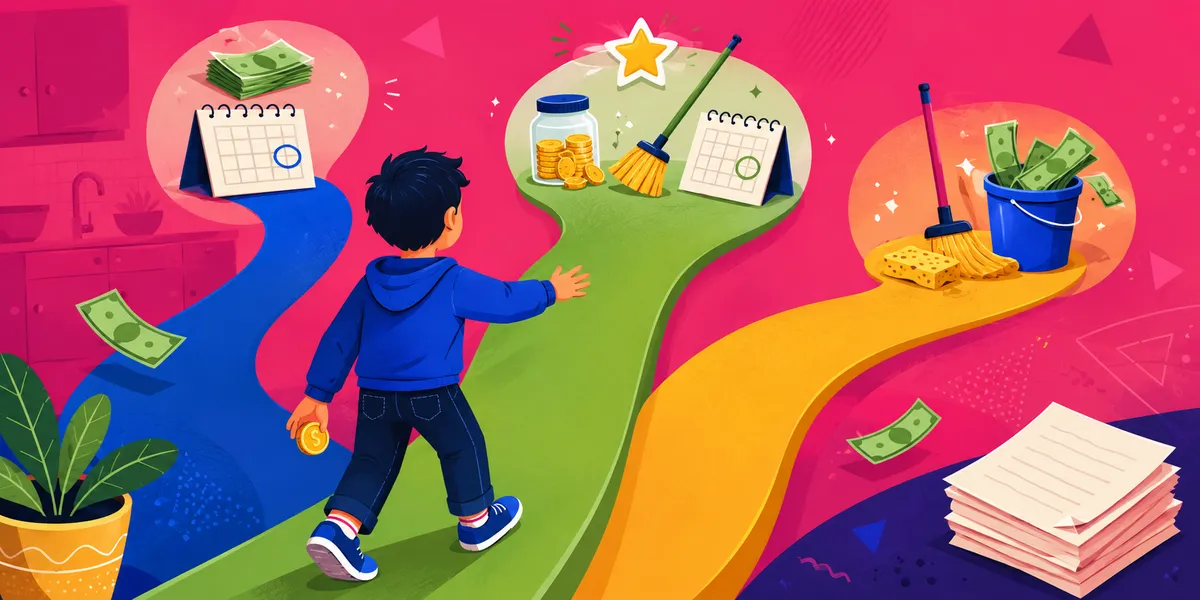 A faceless young kid mid-stride between three diverging colored ribbon paths that fan out behind them, each leading to icons for one of three allowance systems: a calendar and cash for unconditional weekly pay, a coin jar, broom, calendar and star badge for the recommended hybrid system in green, and cleaning supplies with tumbling dollar bills for chores-only pay.