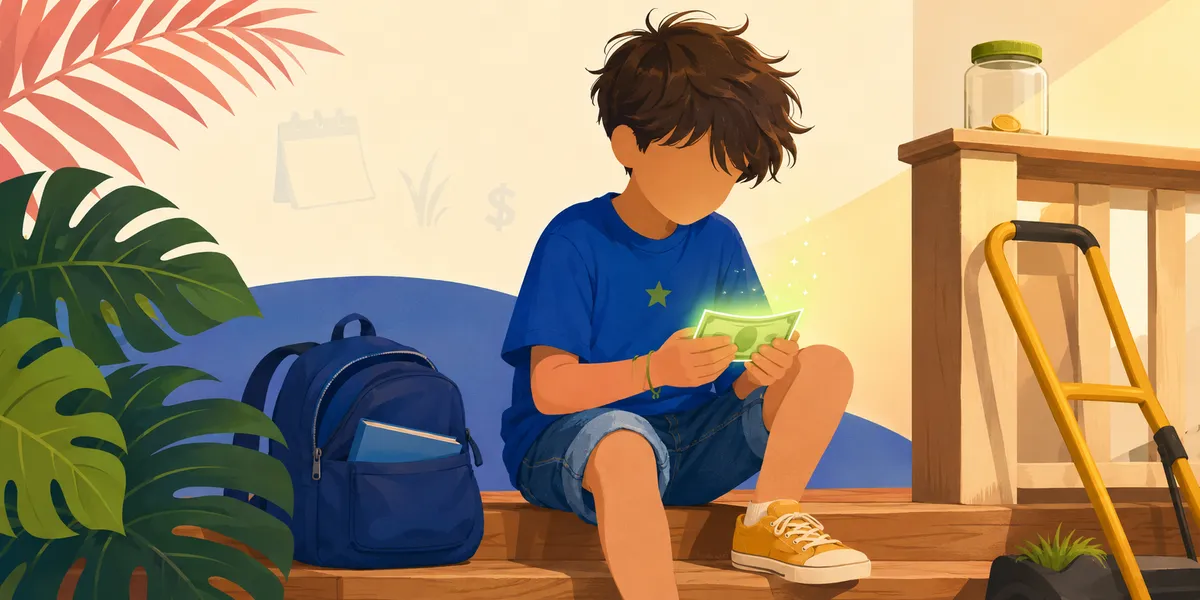A faceless school-age kid with messy hair, in a blue t-shirt with a green star, sitting on wooden front-porch steps quietly inspecting a glowing green dollar bill held in both hands. A blue backpack with a folded notebook in the side pocket sits next to them, a yellow shoe peeks out from one foot, and a small glass jar (cap on, single coin inside) sits on the railing post above. A coral palm leaf and monstera frame the scene; faint icons of a calendar, dollar sign, and grass blade hover in the background. Quiet evening tone.