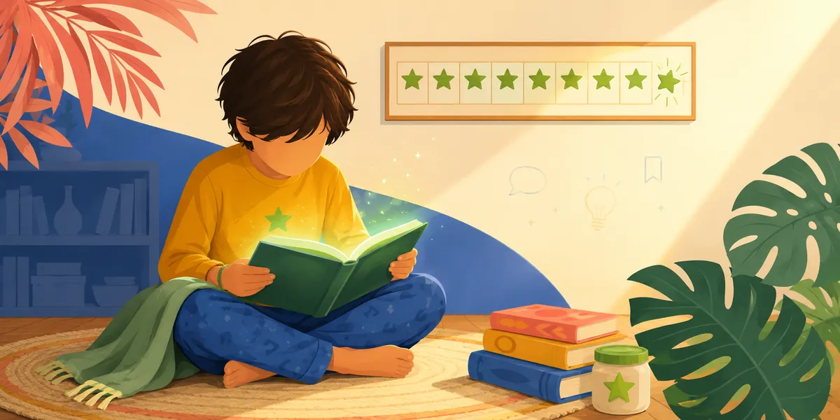 A faceless kid in a yellow sweater, sitting cross-legged on a circular woven rug, reading an open green book that glows with sparkles and a green star. A horizontal streak chart on the wall above shows ten green stars in a row marking days of reading. A stack of three books in red, blue, and beige sits next to a small glass jar with a star label. Speech-bubble, lightbulb, and bookmark icons float faintly in the background, with a monstera leaf framing the right side.