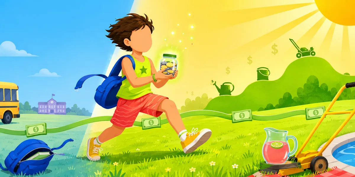 A faceless kid split visually across two seasons: the left half cool-blue with a school bus, school building, and a dropped backpack on grass; the right half warm-yellow with rolling sunlit hills, a lawn mower, a lemonade pitcher, and dollar bills floating on the summer breeze. The kid in a green-star tank top and coral shorts strides from the school side toward the summer side, holding a jar of golden coins.