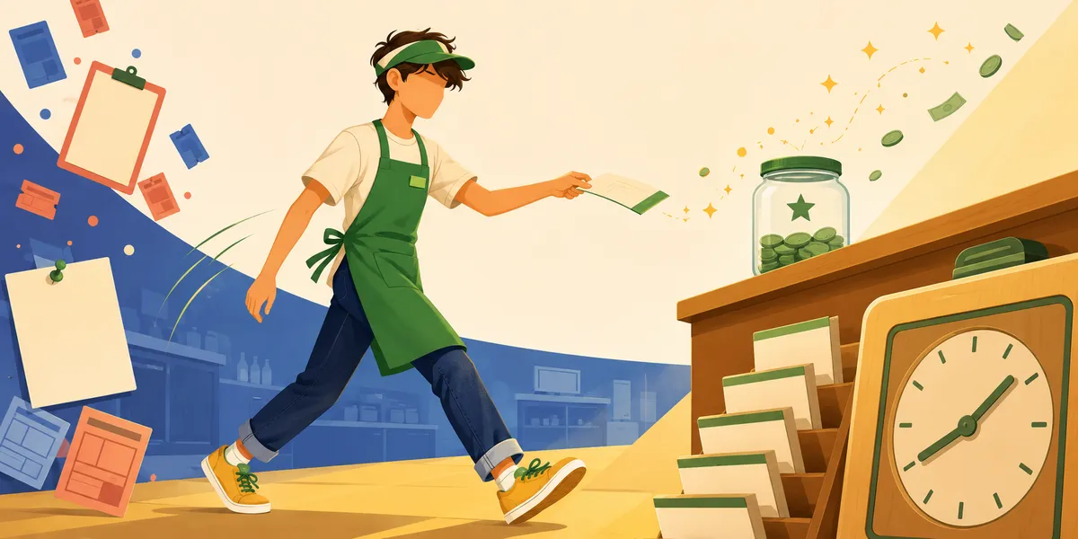 A faceless teen in a green apron, white tee, denim jeans, yellow visor, and yellow sneakers, mid-stride from a cool-blue zone on the left (with floating timecards and a clipboard) toward a warm-yellow zone on the right, handing a paycheck toward a glass Save jar full of green coins on a wooden cubby rack. A wooden clock on the lower right marks the shift, with sparkles trailing from the paycheck. The first summer-job moment.