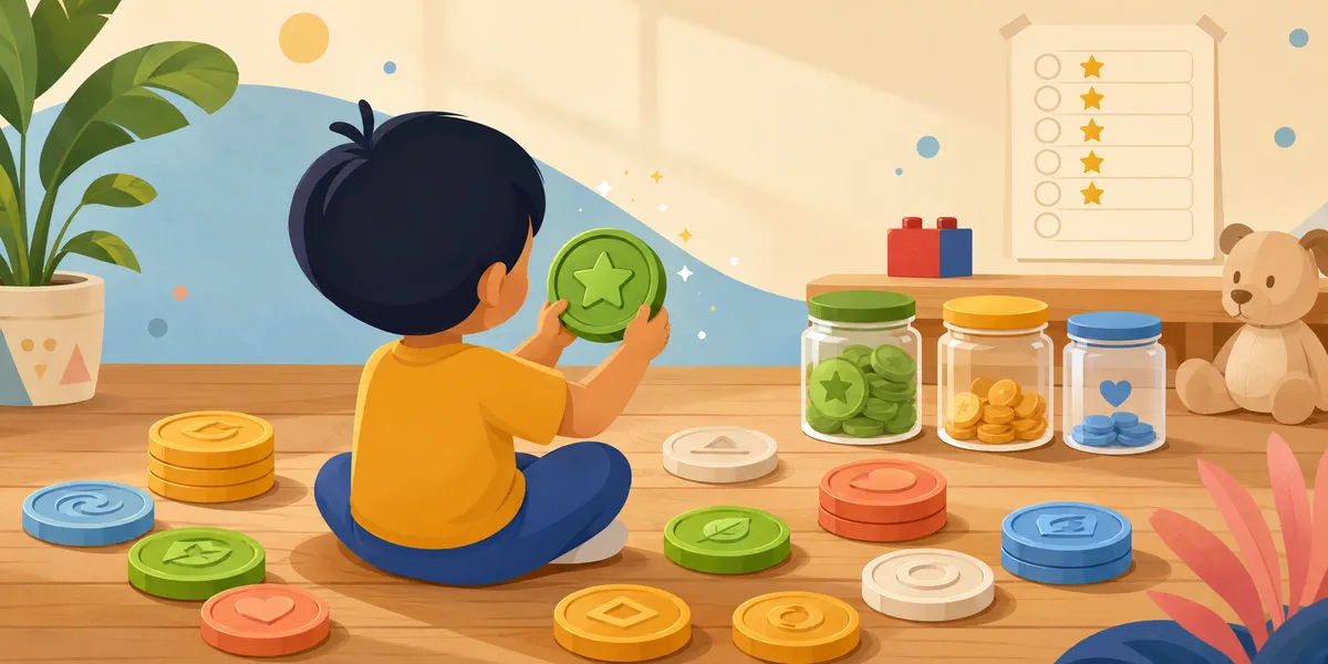 A back-of-head 6-year-old in an orange shirt sitting cross-legged on a wooden floor, holding up a green coin token with a star. Colorful coin tokens with different symbols (save, spend, give, recycle, leaf, heart) are scattered around, three jars (green, amber, blue) sit on a shelf with their labels, and a sticker chart on the wall shows yellow stars for completed lessons. Lego blocks and a teddy bear in the background.