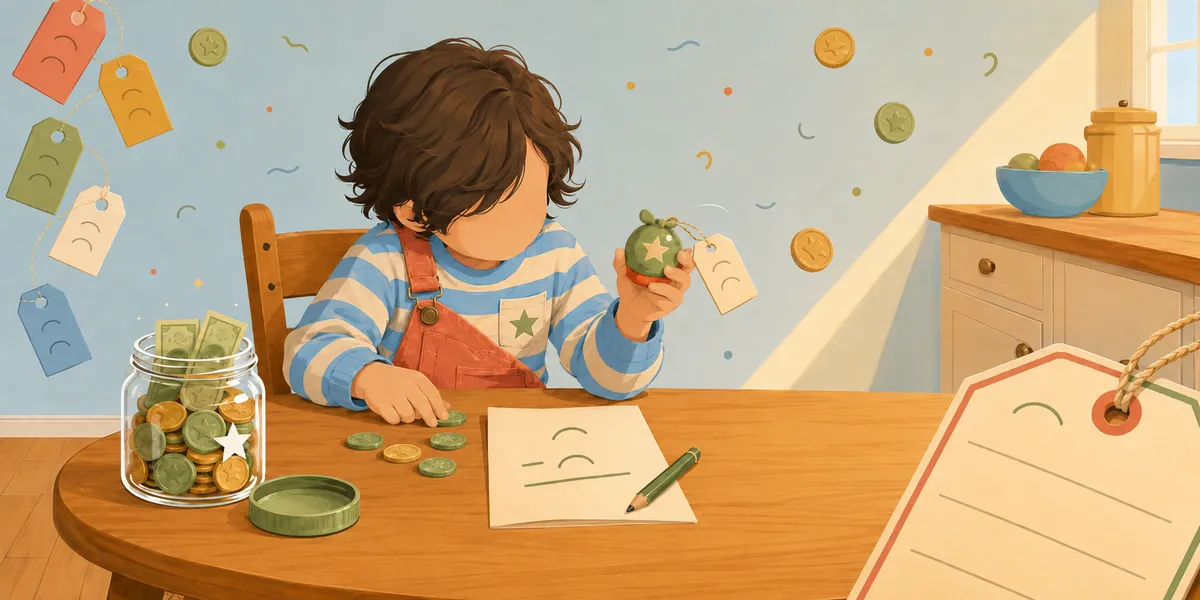 A faceless 7-year-old in a blue and white striped long-sleeve shirt under coral overalls with a green star on the pocket, sitting at a wooden kitchen table inspecting a small green star coin attached to a price tag. A jar of green and gold coins sits to the left; coins are spread on the table next to a sheet of price-tag practice drawings and a green pencil. Several price tags hang from strings in the background, some empty and ready to be labeled. The price-tag-reading year.