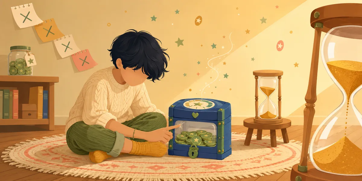 A faceless kid in a cream cable-knit sweater and olive pants, sitting cross-legged on a round patterned rug, pointing at a small blue locked treasure chest full of green star coins (with a small clock on its lid). To the right, a small hourglass sits on a wooden stool and a tall hourglass stands beside it, both with sand still falling. X-marked papers on the upper-left wall mark days counting down, and a glass jar of coins sits on a low shelf. The waiting-then-reward moment.